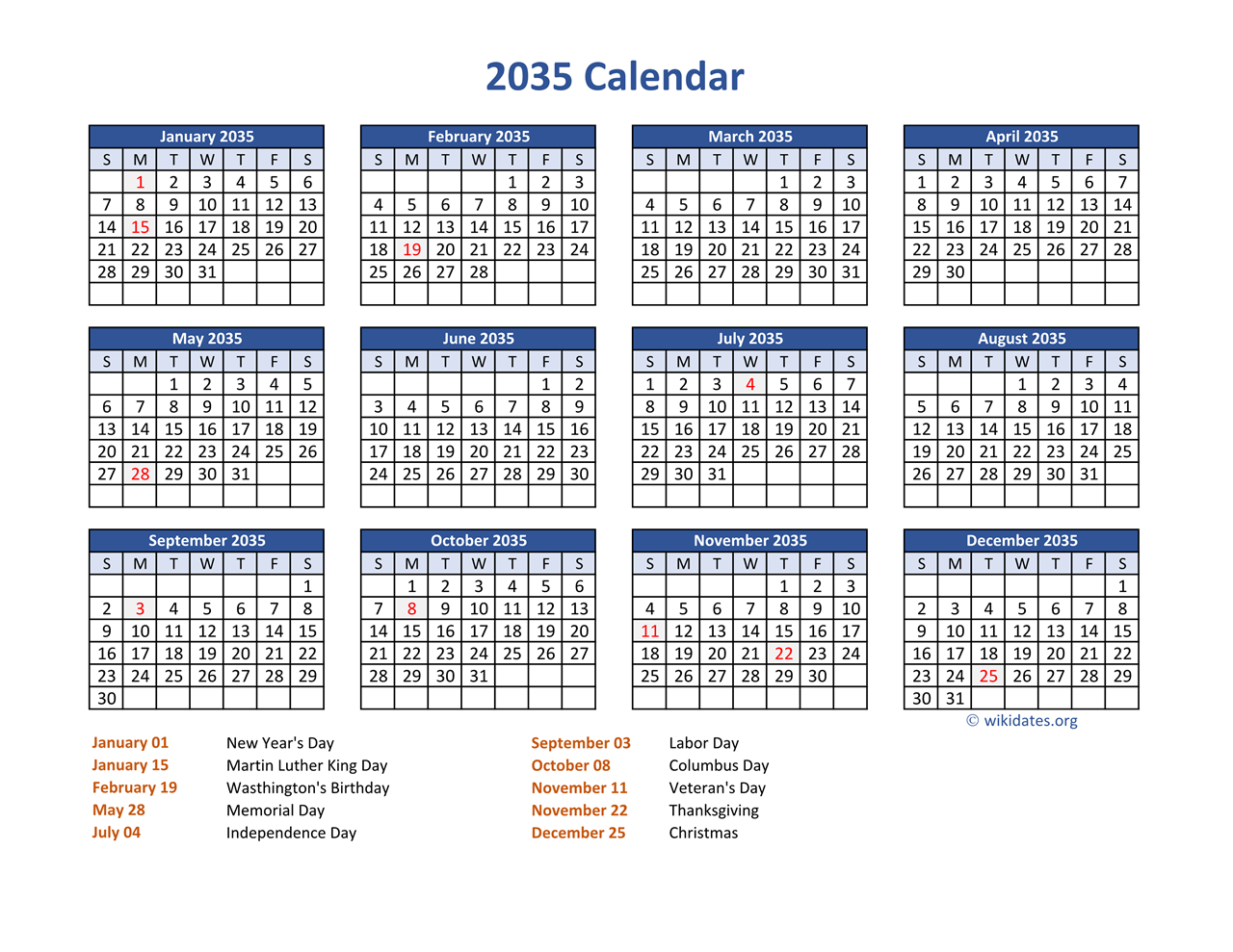 PDF Calendar 2035 with Federal Holidays