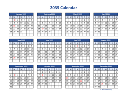 2035 Calendar in PDF