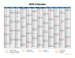 2035 Calendar Horizontal, One Page