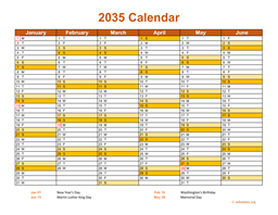 2035 Calendar on 2 Pages, Landscape Orientation