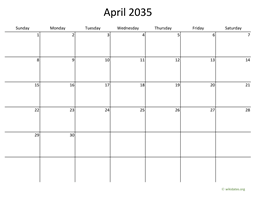 April 2035 Calendar with Bigger boxes