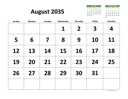 August 2035 Calendar with Extra-large Dates