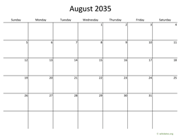 August 2035 Calendar with Bigger boxes