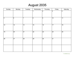 Basic Calendar for August 2035