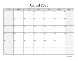 August 2035 Calendar with Weekend Shaded