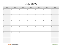 July 2035 Calendar with Weekend Shaded