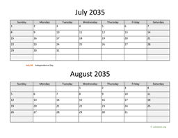 July and August 2035 Calendar