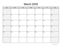 March 2035 Calendar with Weekend Shaded