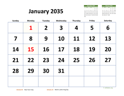 Monthly 2035 Calendar with Extra-large Dates