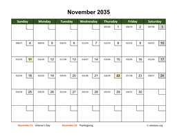 November 2035 Calendar with Day Numbers