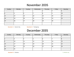 November and December 2035 Calendar