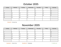 October and November 2035 Calendar