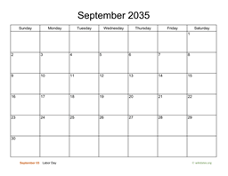 Basic Calendar for September 2035