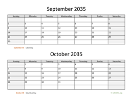 September and October 2035 Calendar