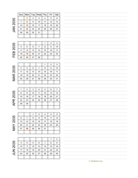 six months 2035 calendar vertical with notes