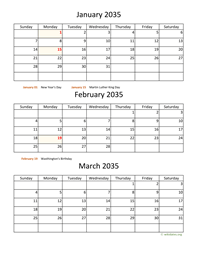 three months 2035 calendar vertical