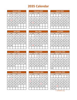 Full Year 2035 Calendar on one page