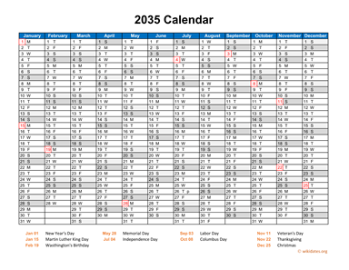 2035 Calendar Horizontal, One Page