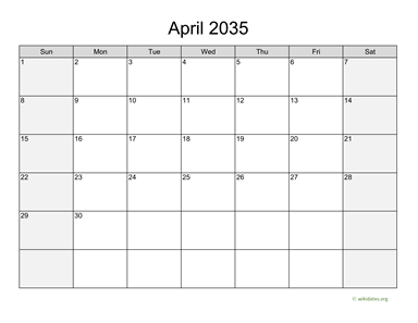 April 2035 Calendar with Weekend Shaded