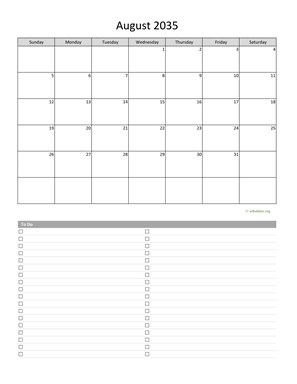 August 2035 Calendar with To-Do List