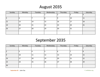 August and September 2035 Calendar Horizontal