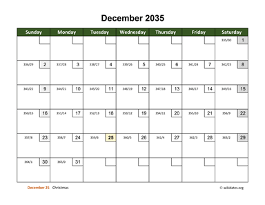 December 2035 Calendar with Day Numbers | WikiDates.org