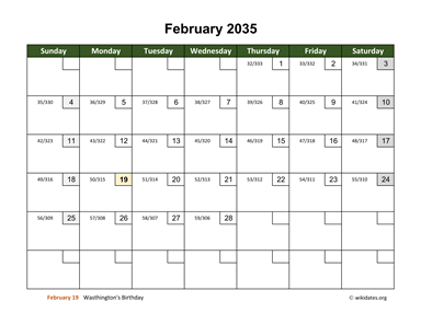 February 2035 Calendar with Day Numbers