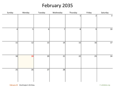 February 2035 Calendar with Bigger boxes | WikiDates.org