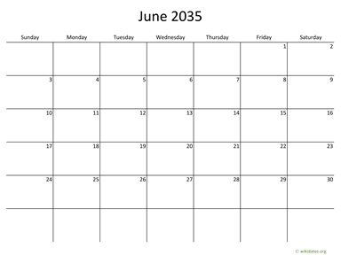 June 2035 Calendar with Bigger boxes