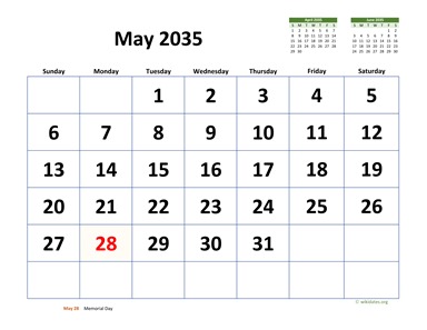 May 2035 Calendar with Extra-large Dates