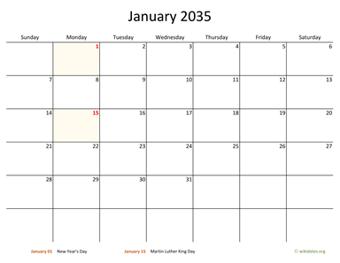 Monthly 2035 Calendar with Bigger boxes