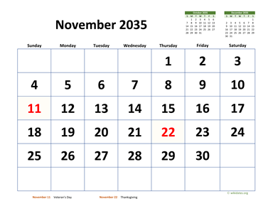 November 2035 Calendar with Extra-large Dates