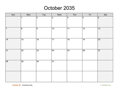 October 2035 Calendar with Weekend Shaded