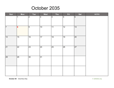 October 2035 Calendar with Notes