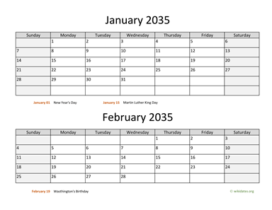 Two Months 2035 Calendar Horizontal