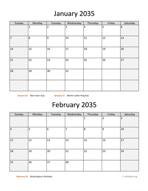 Two Months 2035 Calendar Vertical