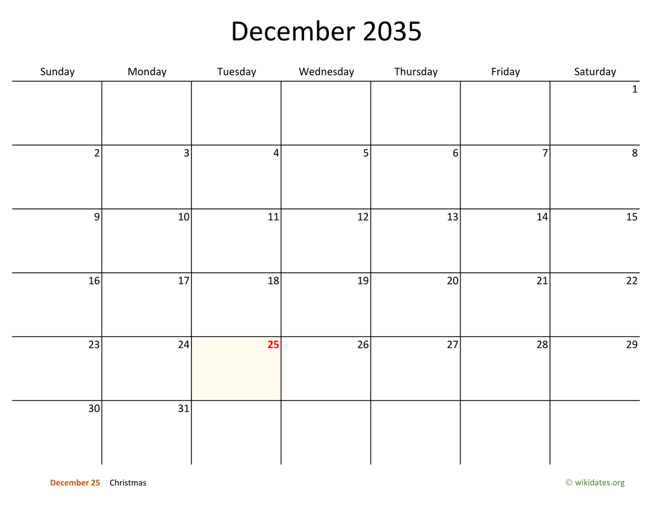 December 2035 Calendar with Bigger boxes | WikiDates.org
