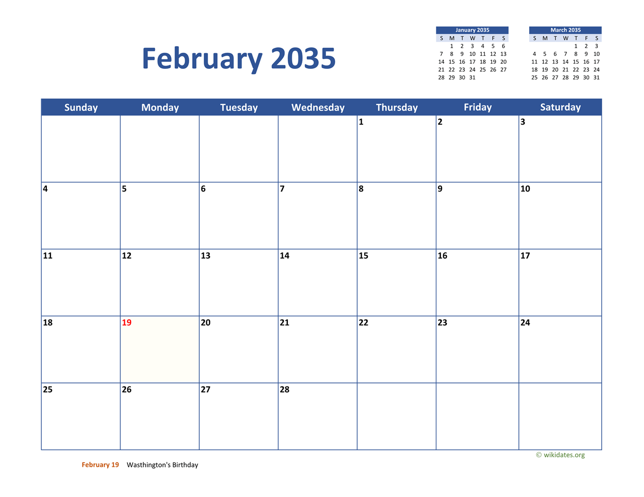February 2035 Calendar Classic