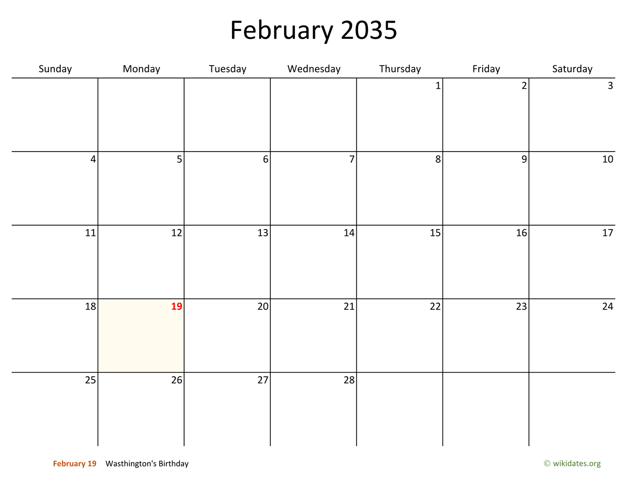 February 2035 Calendar with Bigger boxes