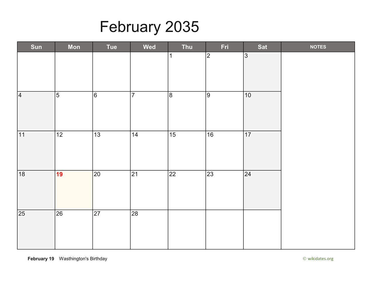 February 2035 Calendar with Notes | WikiDates.org