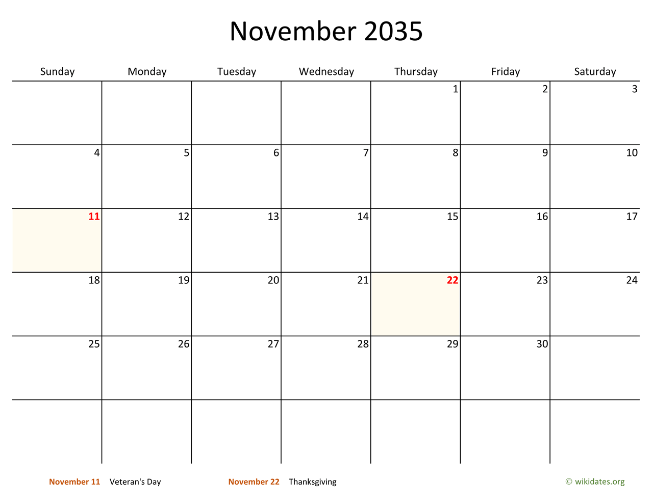 November 2035 Calendar with Bigger boxes | WikiDates.org