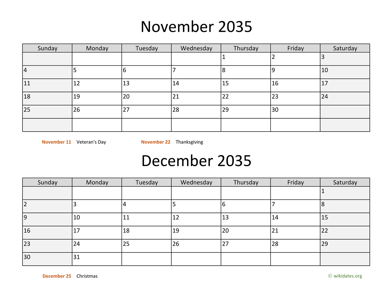 November And December 2035 Calendar WikiDates