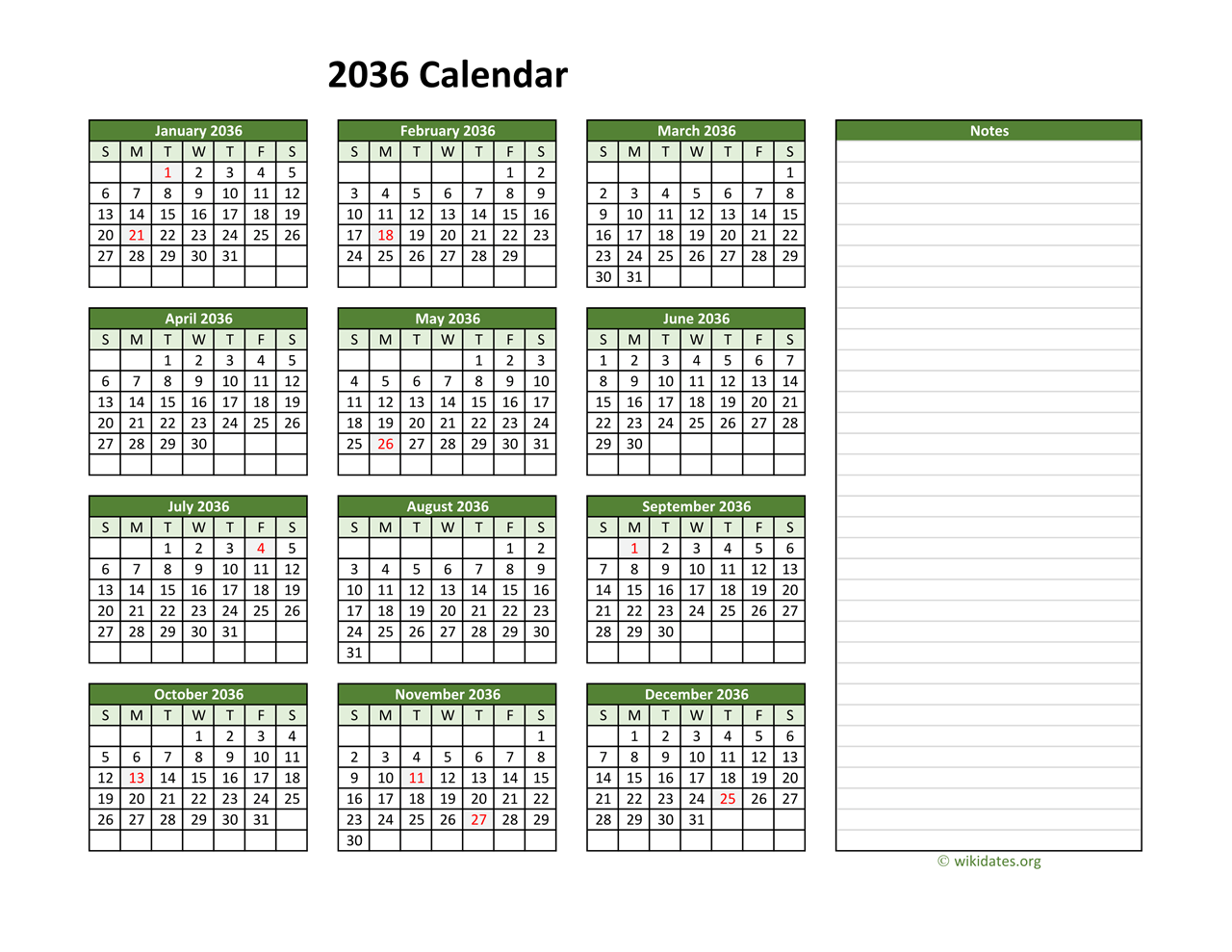 Yearly Printable 2036 Calendar with Notes | WikiDates.org
