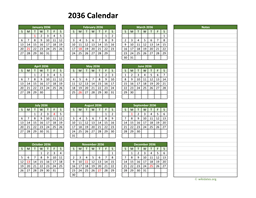 Yearly Printable 2036 Calendar with Notes