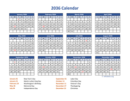 PDF Calendar 2036 with Federal Holidays