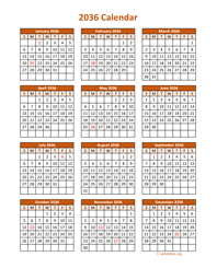 Full Year 2036 Calendar on one page