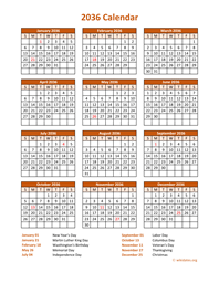 Calendar 2036 Vertical