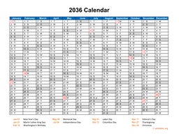 2036 Calendar Horizontal, One Page