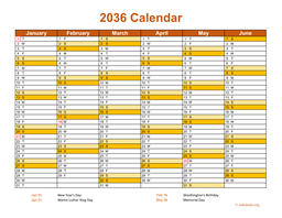 2036 Calendar on 2 Pages, Landscape Orientation
