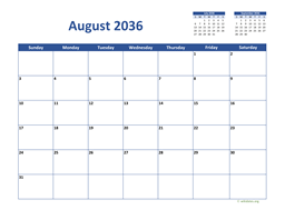 August 2036 Calendar Classic